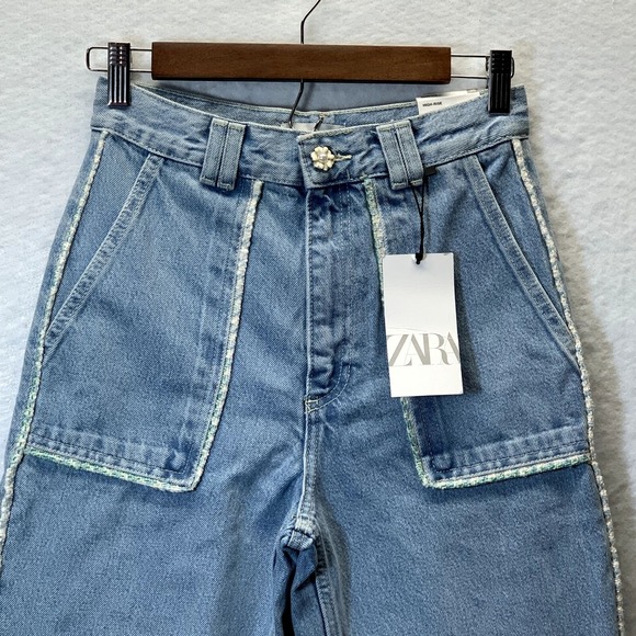 Zara Jeans Womens 4 Tweed Trim Light Wash Hi Rise Wide Leg Cropped Flower Button - Picture 13 of 14